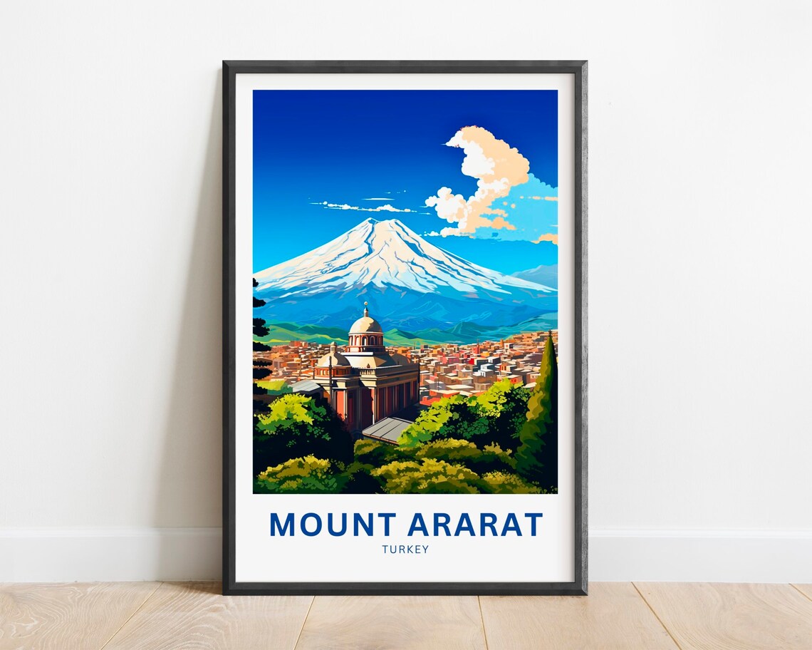 Mount Ararat Turkey Snow Capped Volcano Over Old City Travel Poster