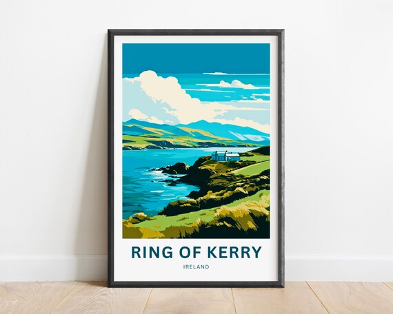 Ring Of Kerry Ireland Travel Poster Coastal Cliffs Green Landscape Art