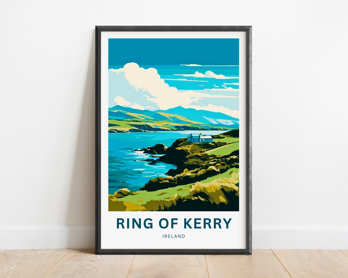 Ring Of Kerry Ireland Travel Poster Coastal Cliffs Green Landscape Art