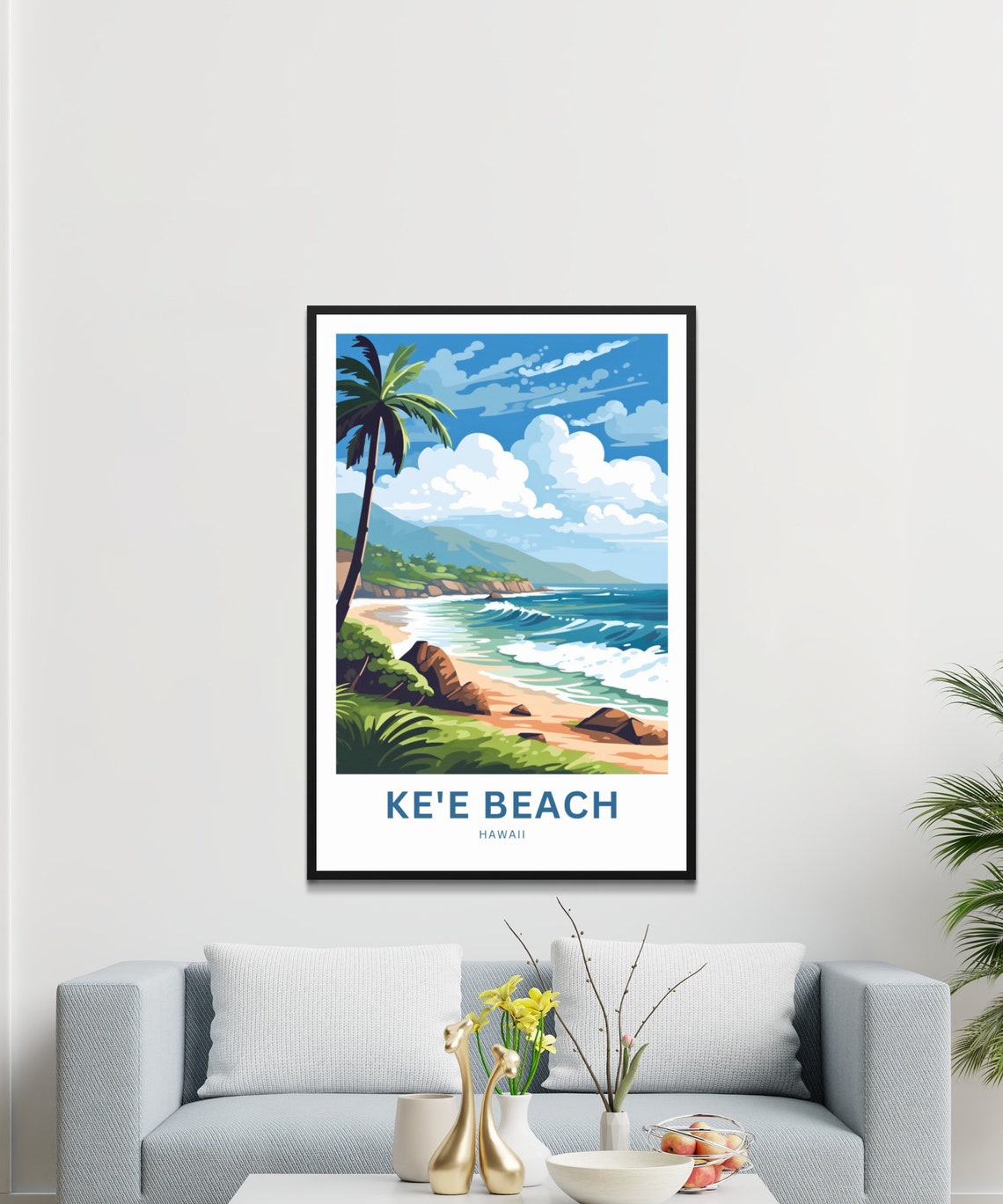 Ke'e Beach Hawaii Tropical Surf Beach Palm Tree Custom Poster - Image 2