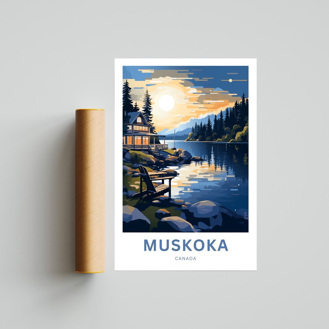 Muskoka Canada Lakeside Cabin Sunset Chair Vintage Travel Poster - Image 4