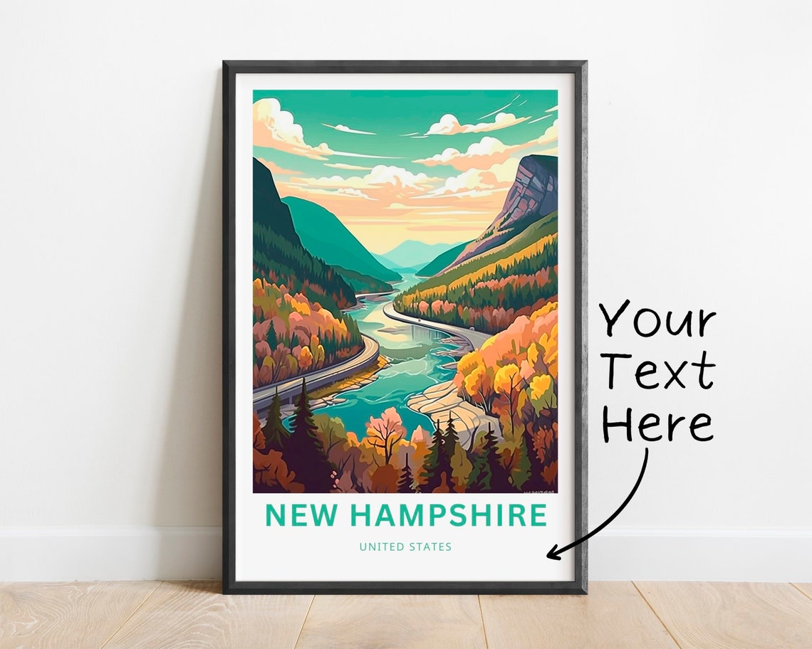 New Hampshire Personalized Travel Poster with Autumn River Valley