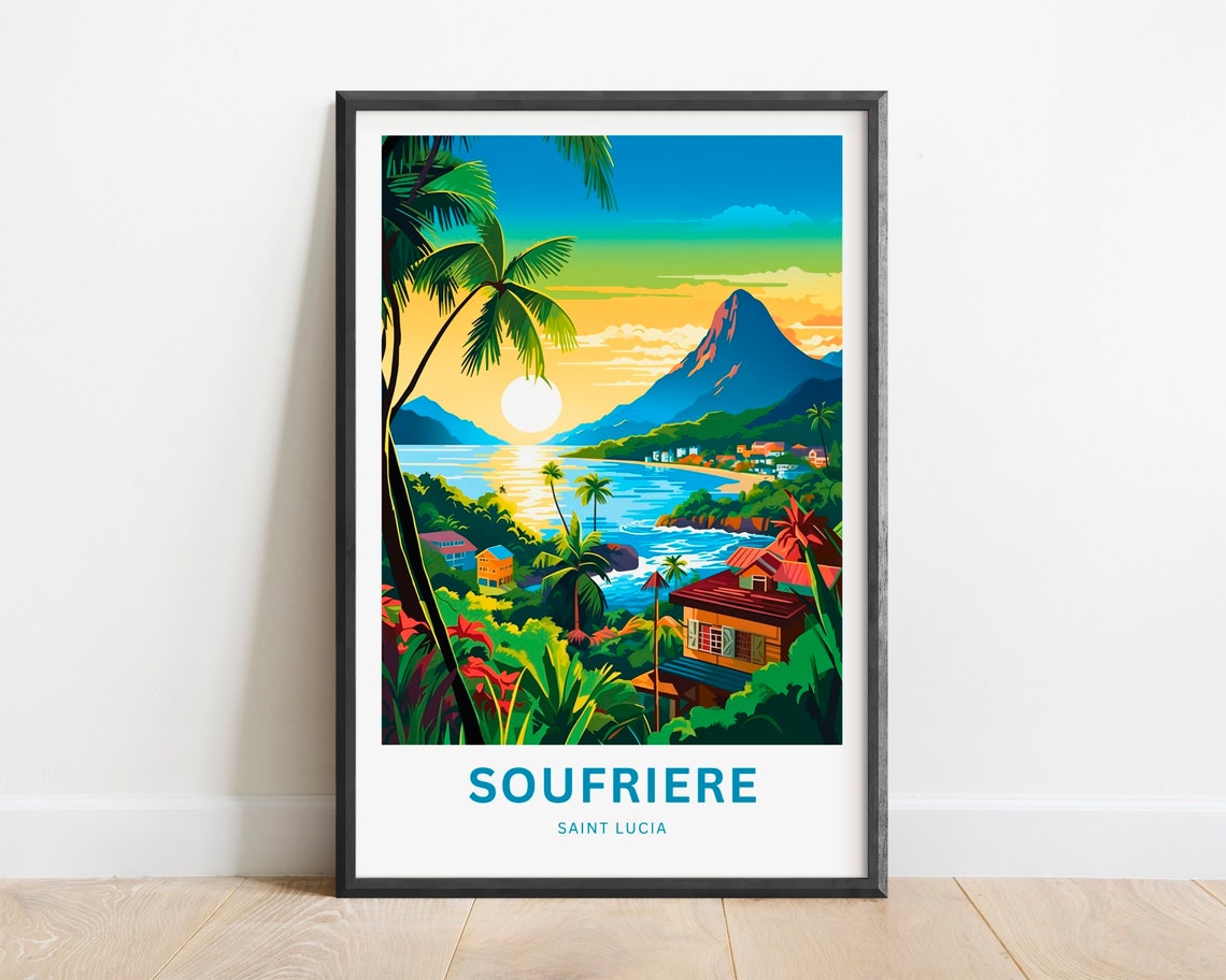 Soufrire Travel Print Soufriere Poster Saint Lucia Wall Art Framed Present Gift Caribbean Present Personalized Custom Text