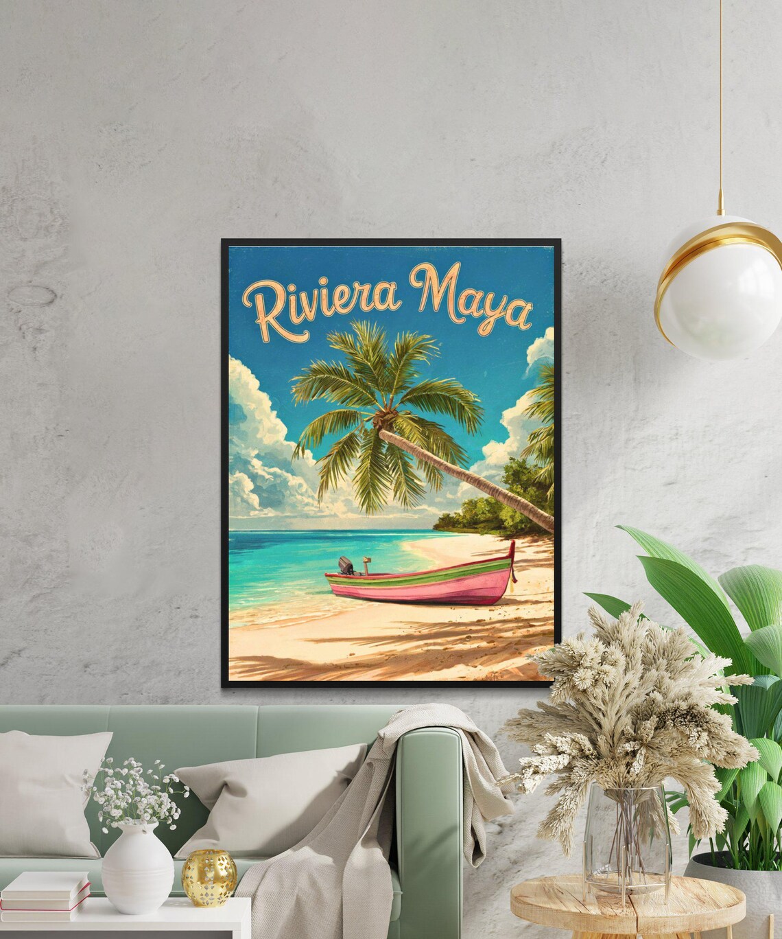 Riviera Maya Mexico Palm Beach Boat Scene Vintage Travel Poster - Image 3