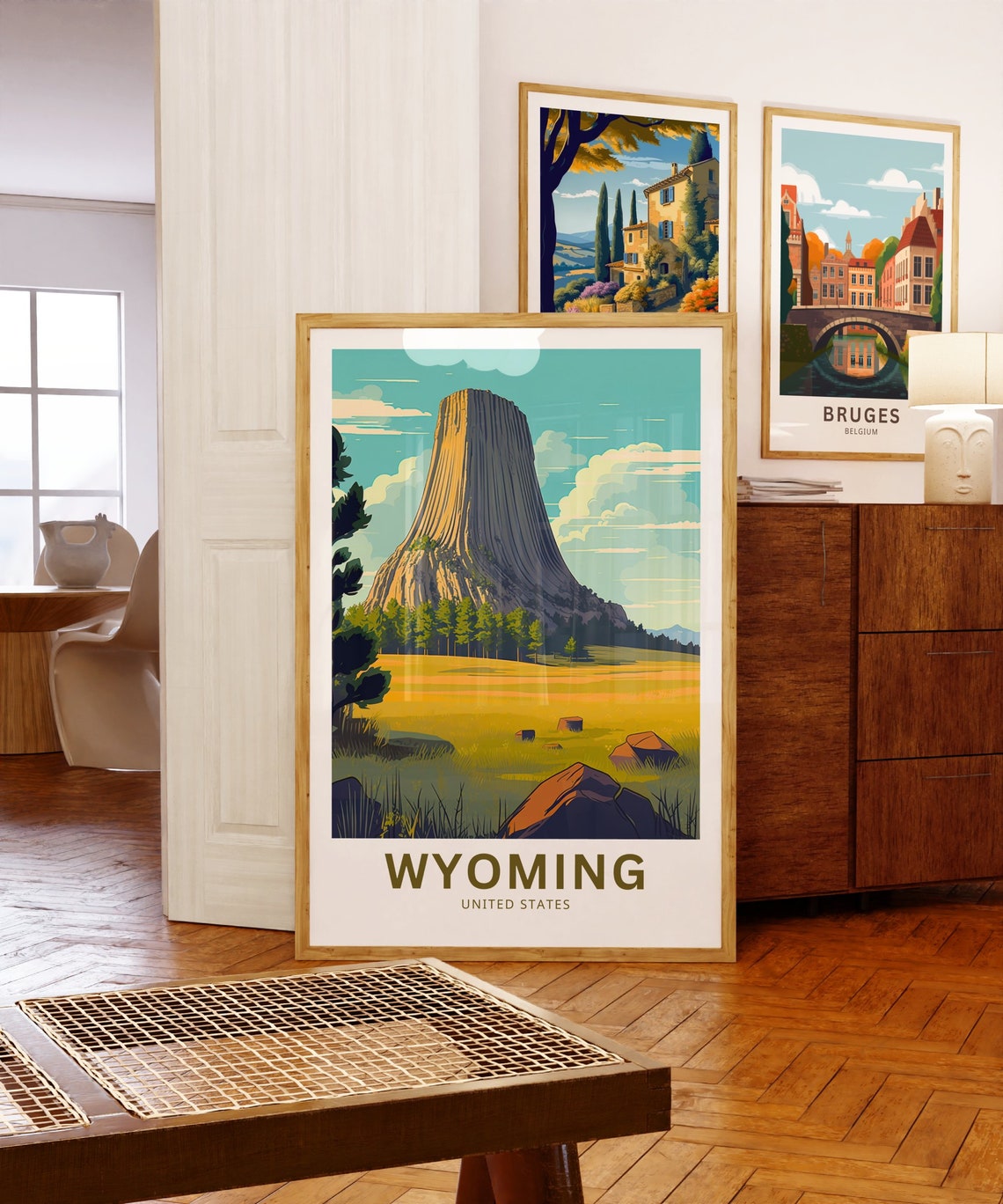 Wyoming Devils Tower Golden Sunset Illustrated Travel Poster - Image 5