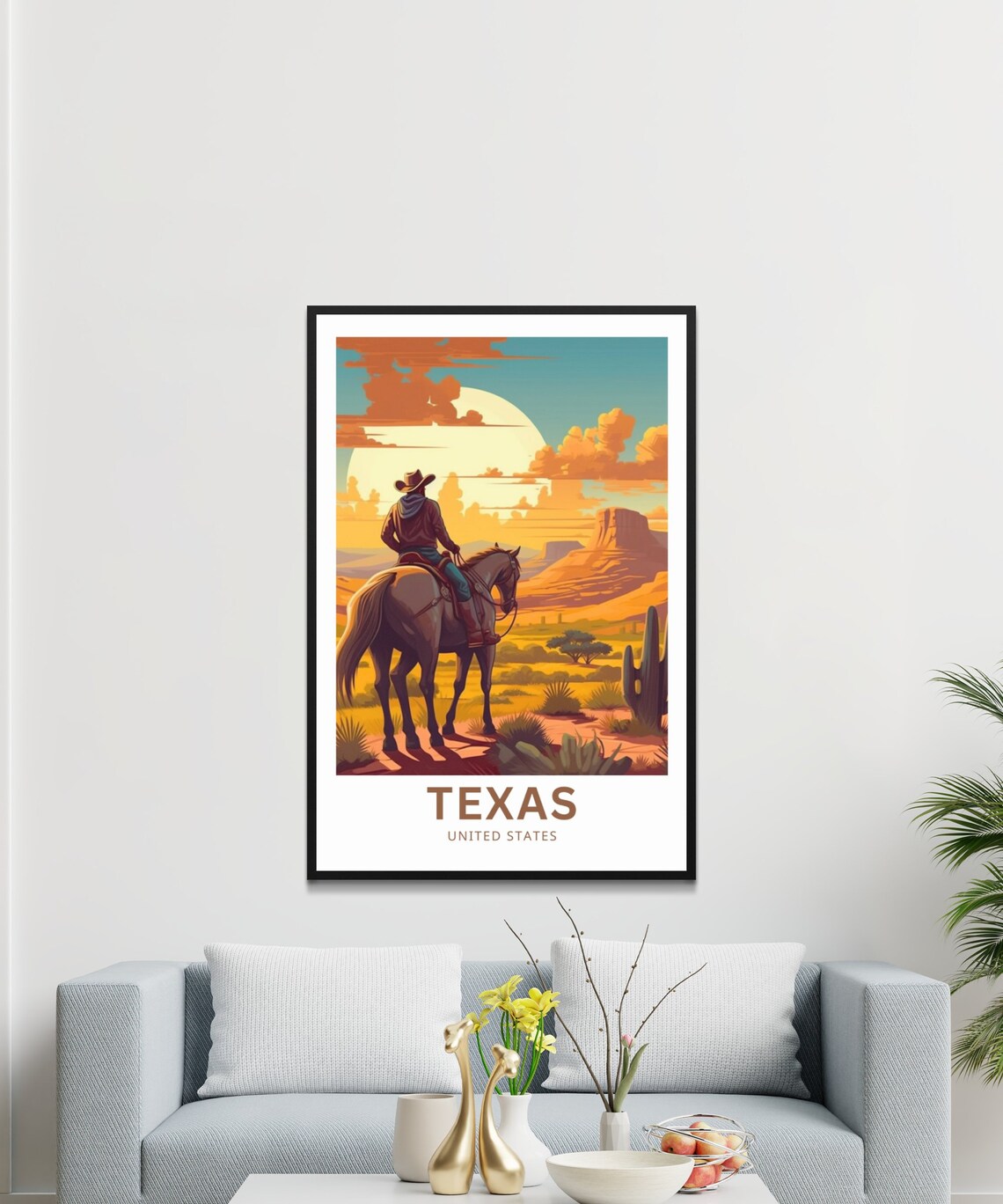 Texas Cowboy Horseback Sunset Desert Illustrated Travel Poster - Image 3