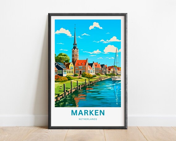 Marken Netherlands Harbor Church Colorful Boats Travel Poster