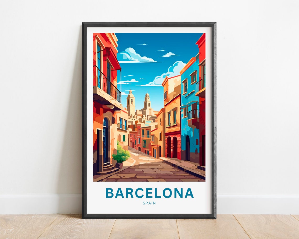 Barcelona Spain Historic Cobblestone Street Twin Towers Poster