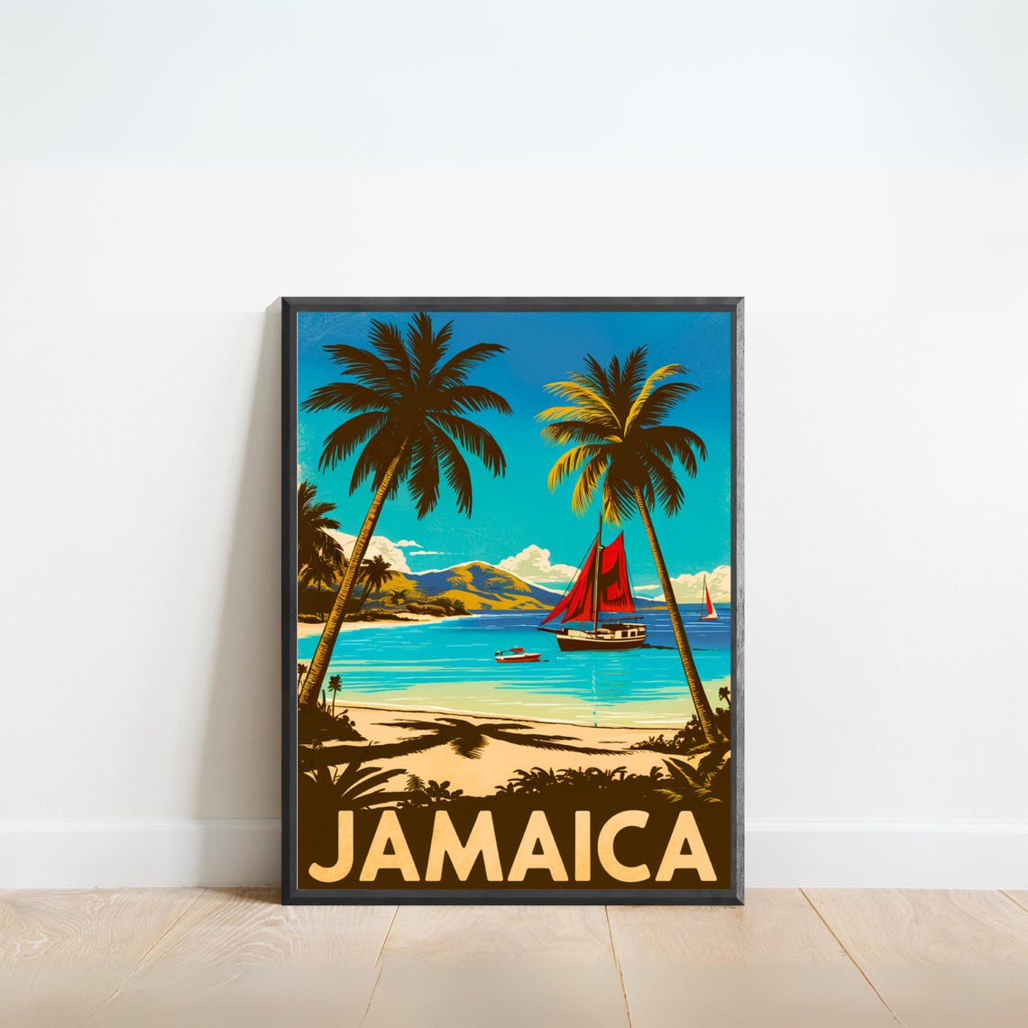 Jamaica Caribbean Sailboat Palm Beach Scene Vintage Travel Poster