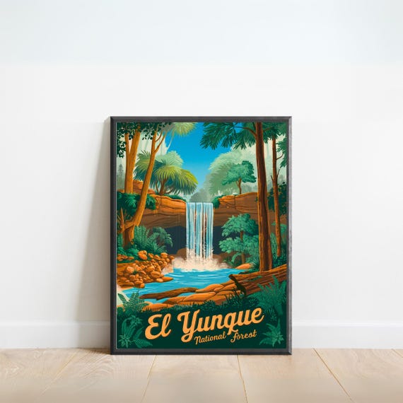 El Yunque Vintage Travel Poster El Yunque National Forest River Print Puerto Rico Wall Art Framed Gift Puerto Rico Present