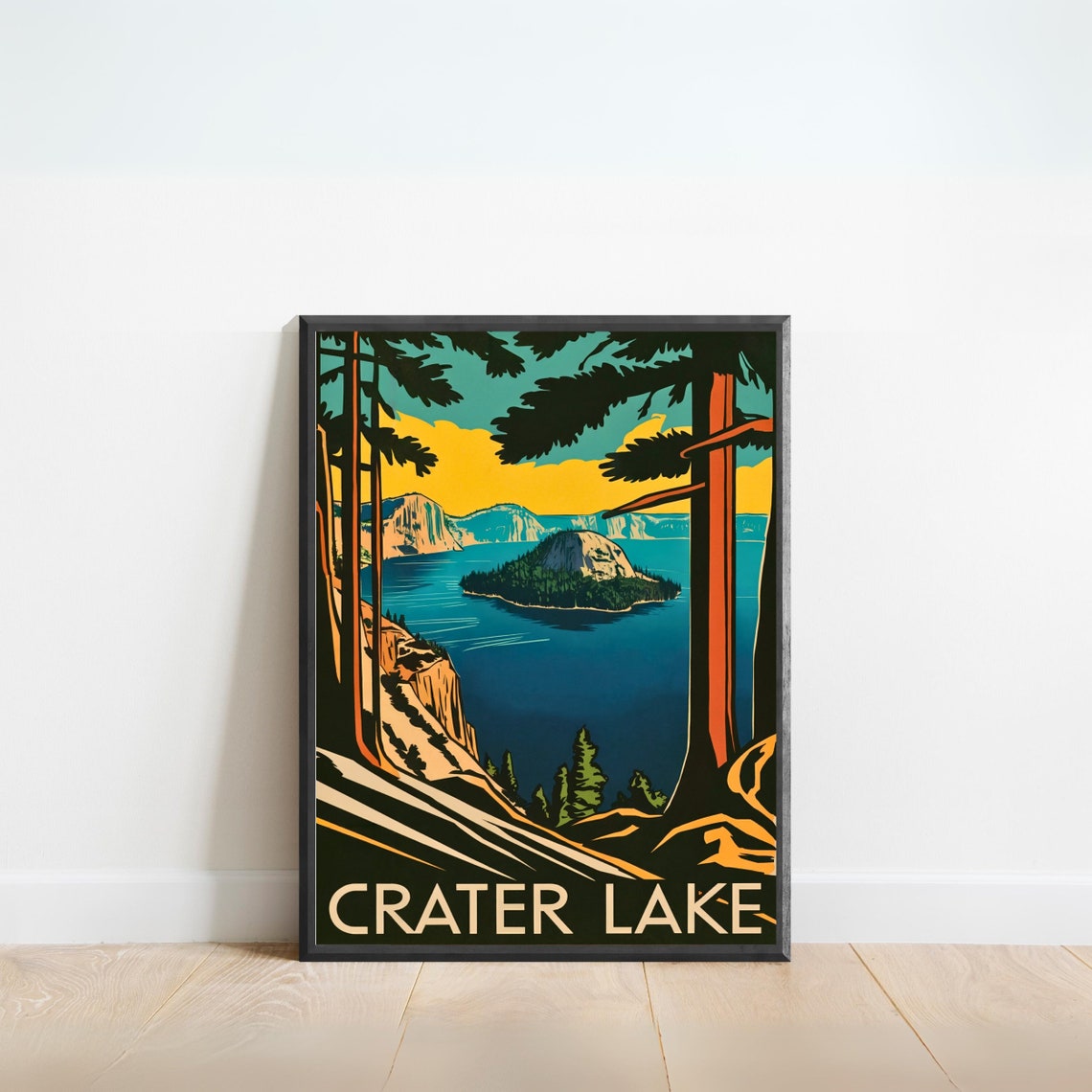 Crater Lake Oregon Vintage Pines Wizard Island Lakeside Poster - Image 3