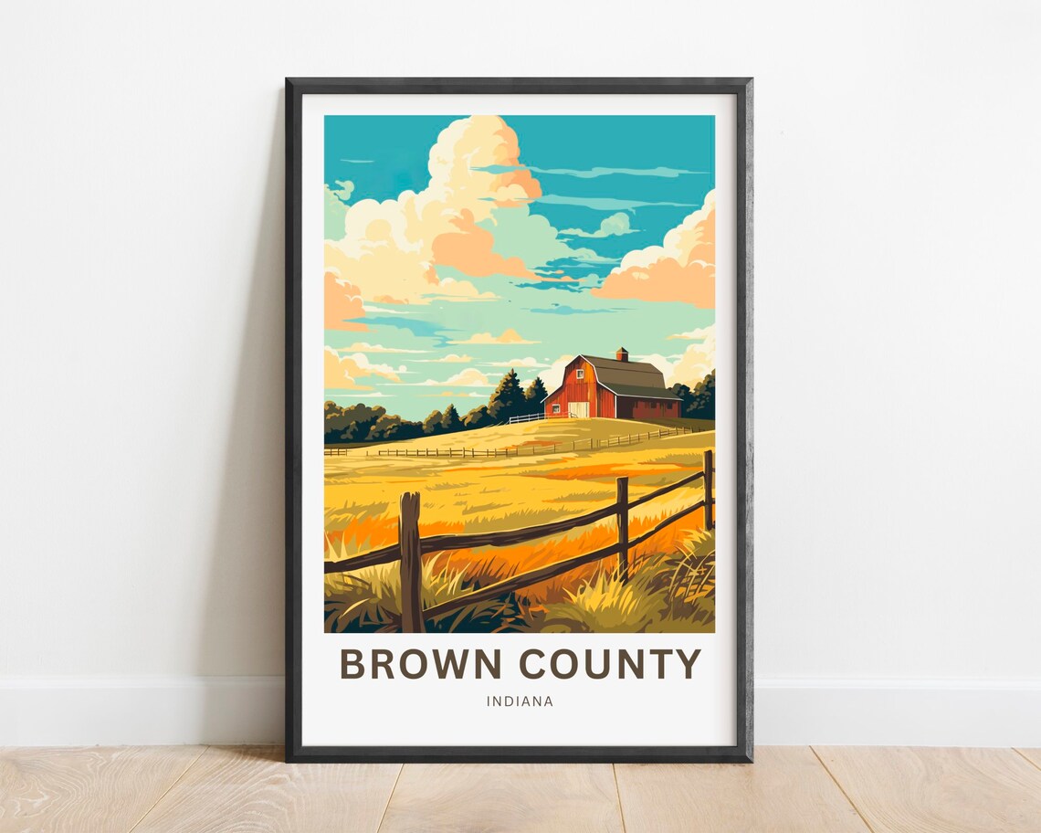 Brown County Indiana Red Barn Golden Meadow Fence Travel Poster