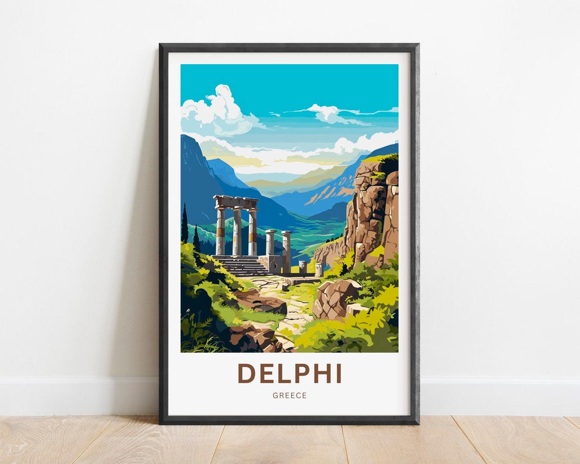 Delphi Greece Temple Columns Green Valley Mountains Travel Poster