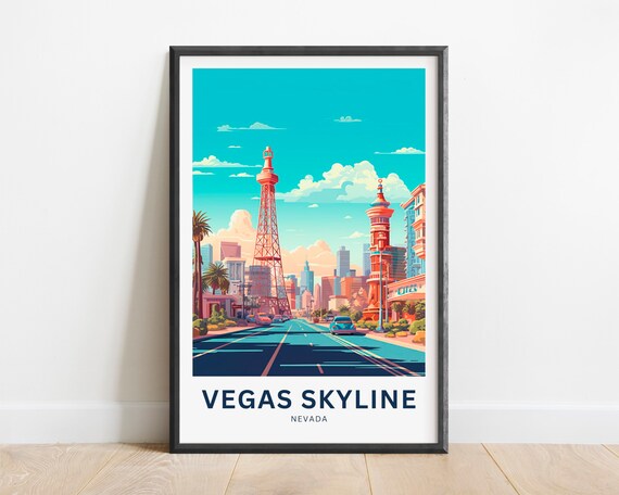 Vegas Skyline Nevada Strip Resort Towers Teal Sky Travel Poster