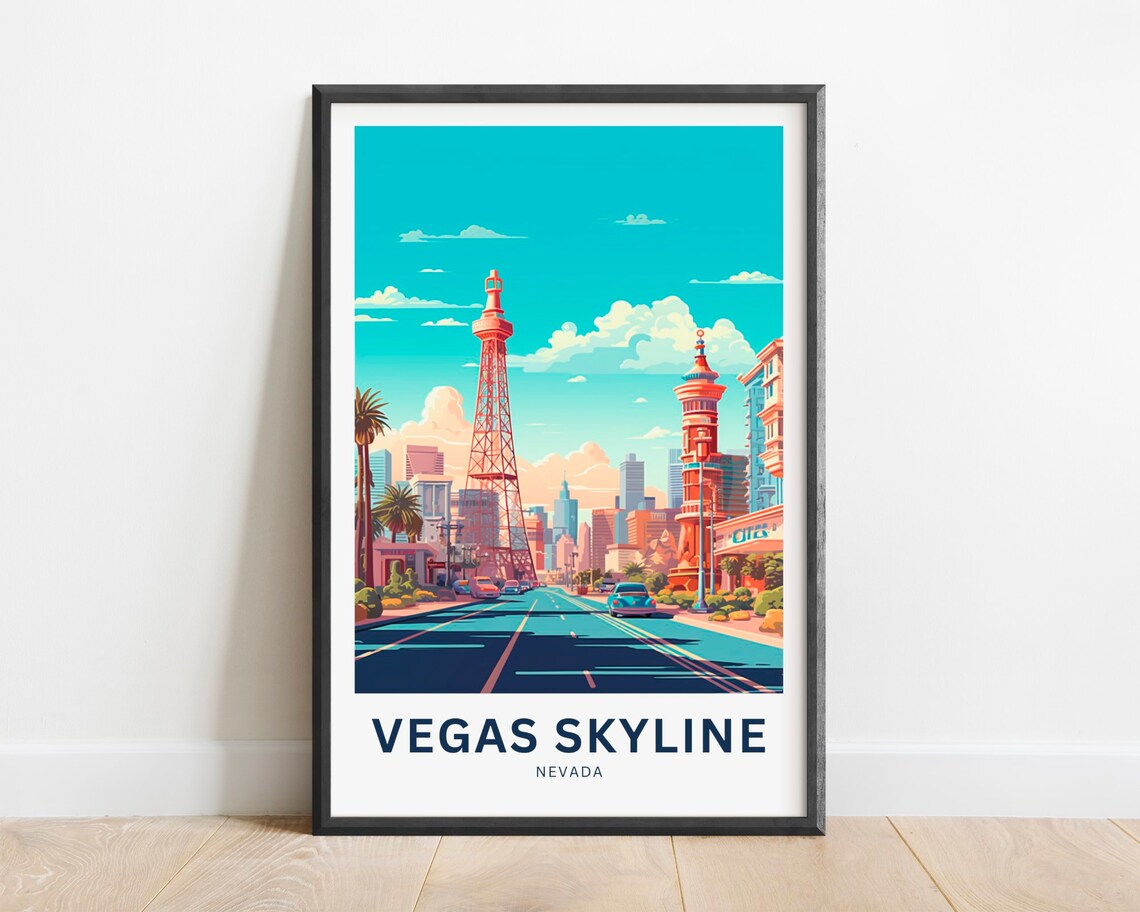 Vegas Skyline Nevada Strip Resort Towers Teal Sky Travel Poster