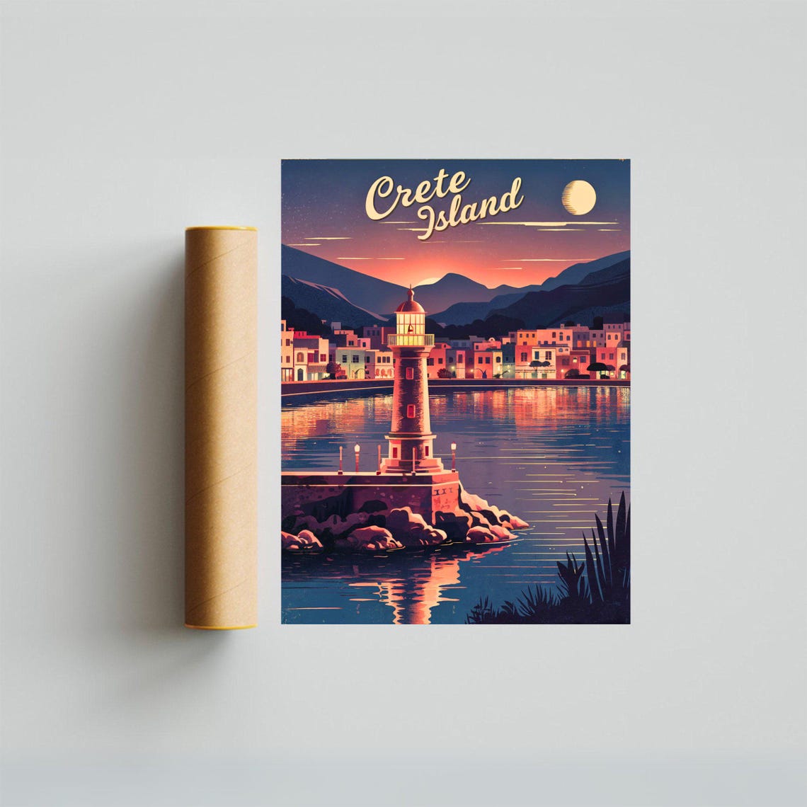 Crete Island Greece Moonlit Harbor Lighthouse Night Dreamy Poster - Image 2