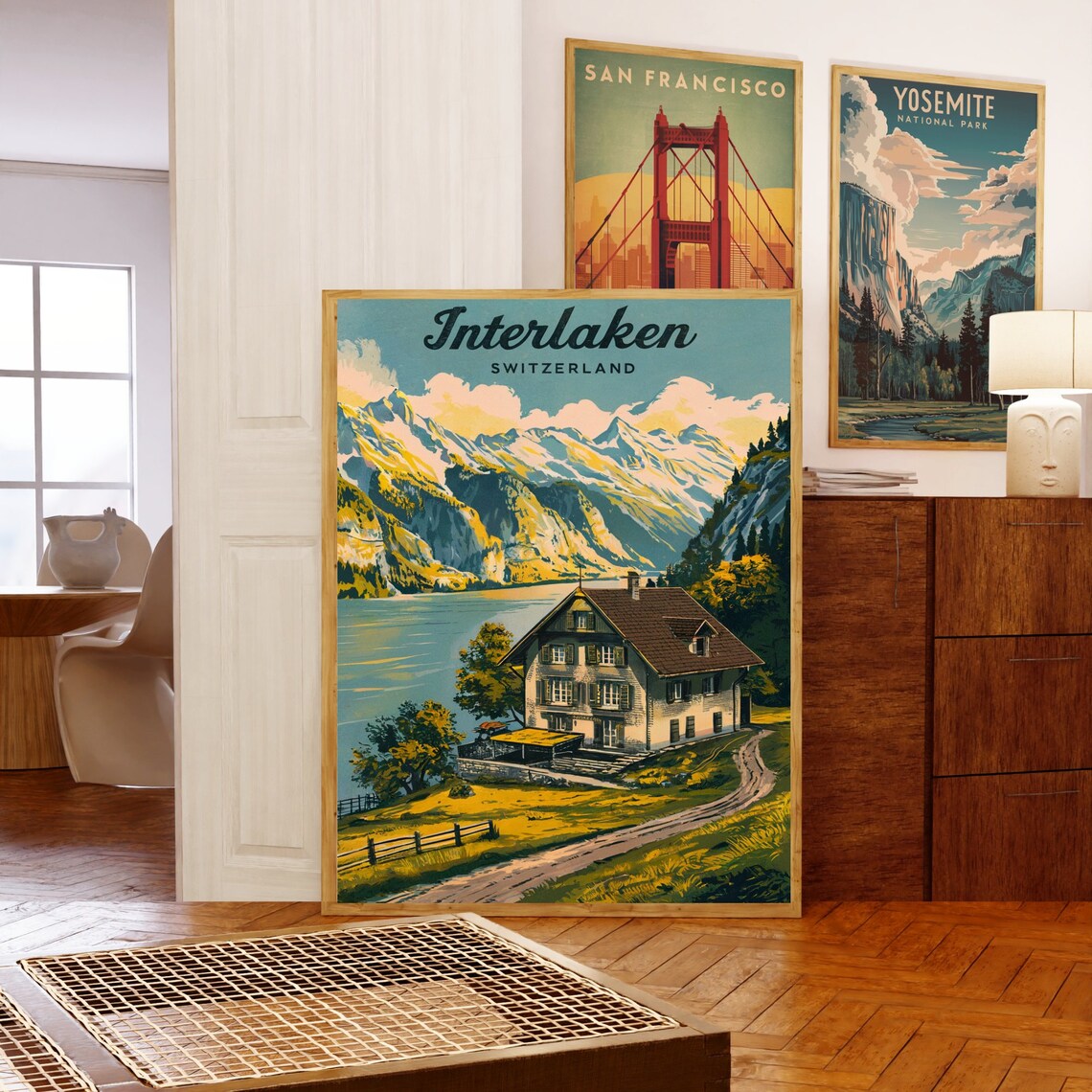 Interlaken Switzerland Lakeside Chalet Vintage Alpine Travel Poster - Image 5