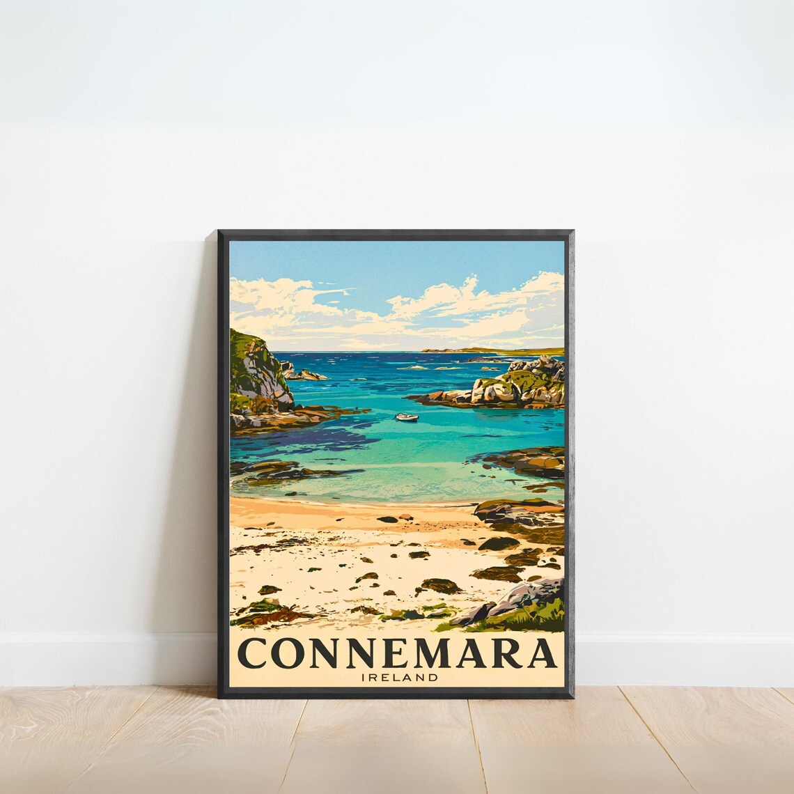 Connemara Ireland Sandy Cove Turquoise Bay Boats Scenic Travel Poster