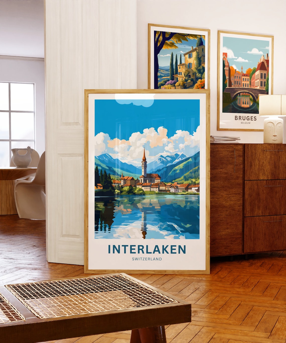 Interlaken Switzerland Lakeside Church Alpine Reflection Travel Poster - Image 5