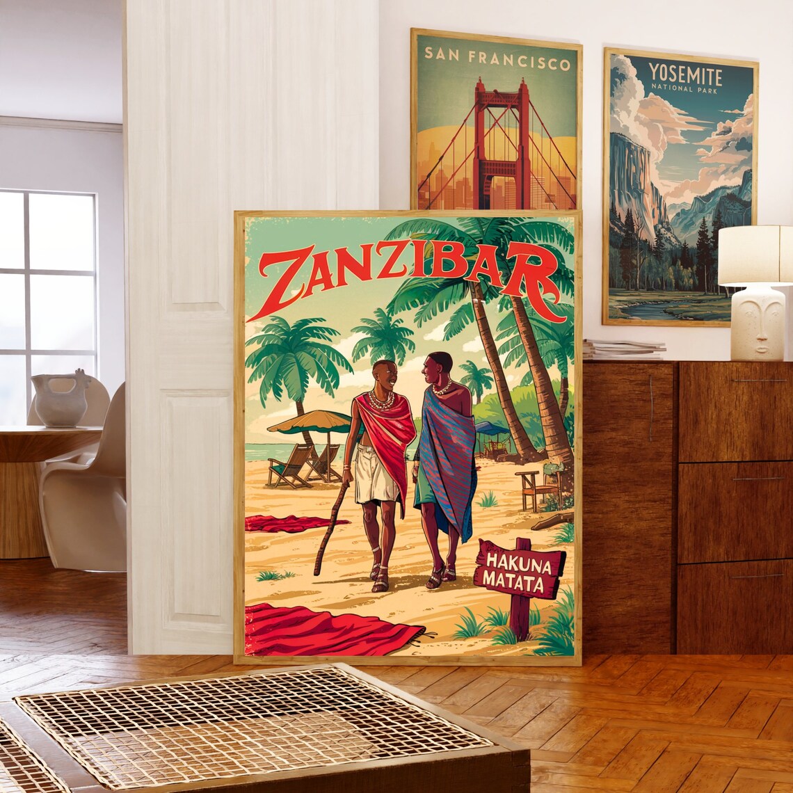 Zanzibar Tanzania Vintage Beach with Maasai Hakuna Matata Sign Poster - Image 5