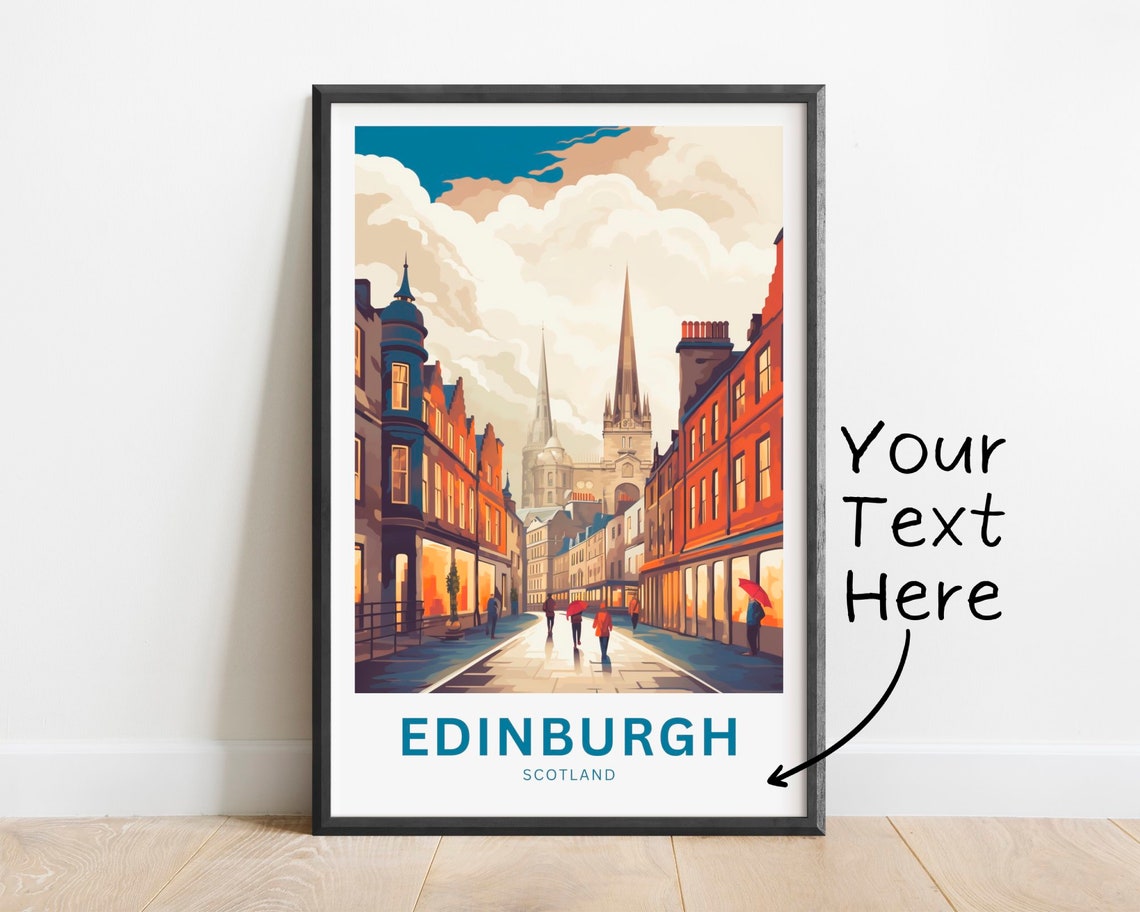 Edinburgh Scotland Rainy Street Spire View Personalized Travel Poster