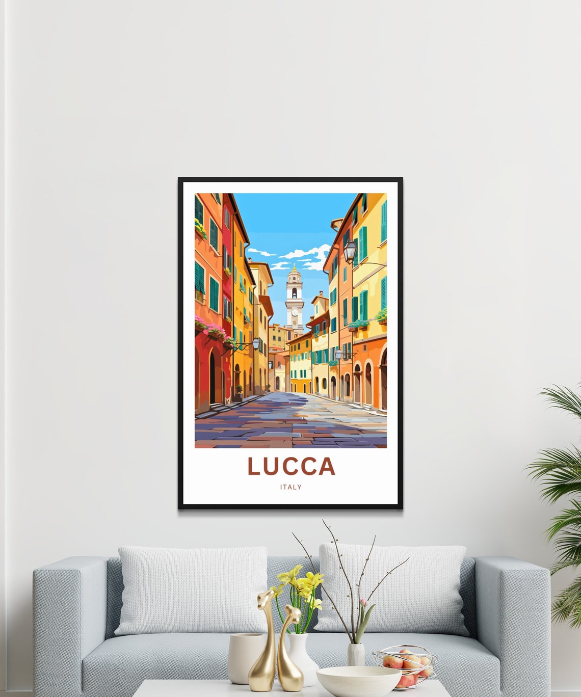 Lucca Italy Cobblestone Street Colorful Houses Clock Tower Poster - Image 3
