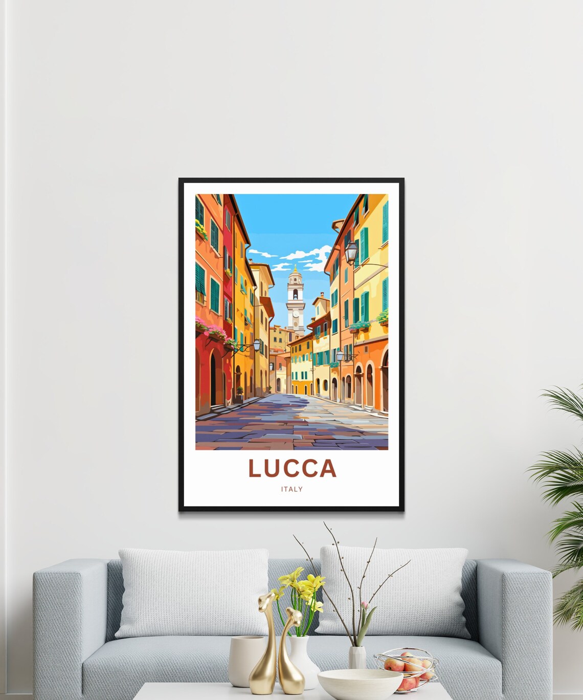 Lucca Italy Colorful Old Street White Bell Tower Travel Poster - Image 3