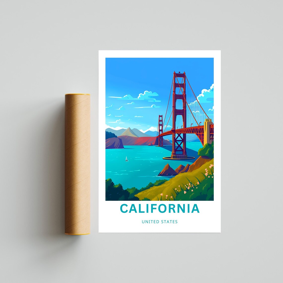 California Golden Gate Bridge Bay Hillside Sunset Travel Poster - Image 4