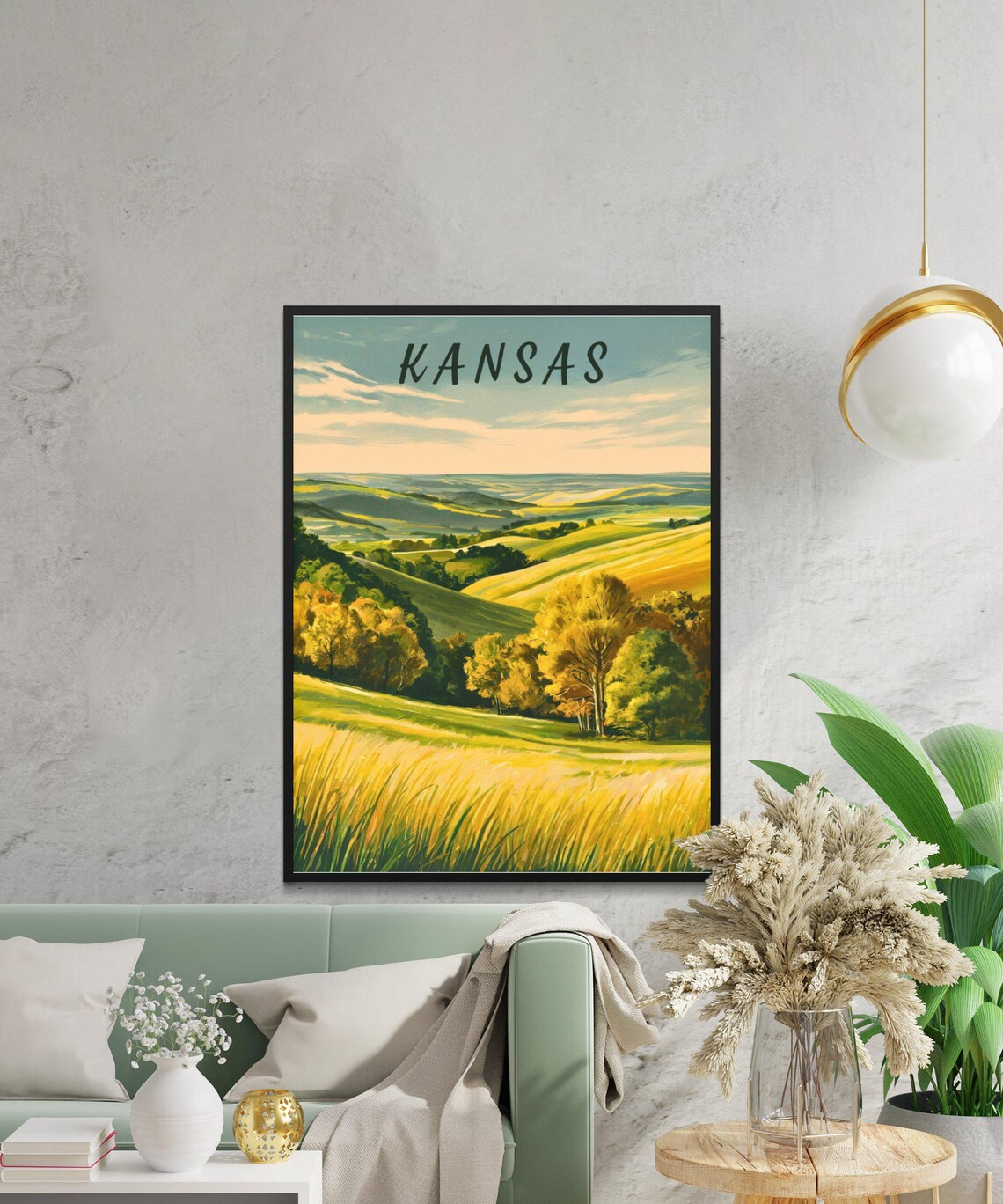Kansas Golden Prairie Rolling Hills Vintage Travel Art Poster - Image 2