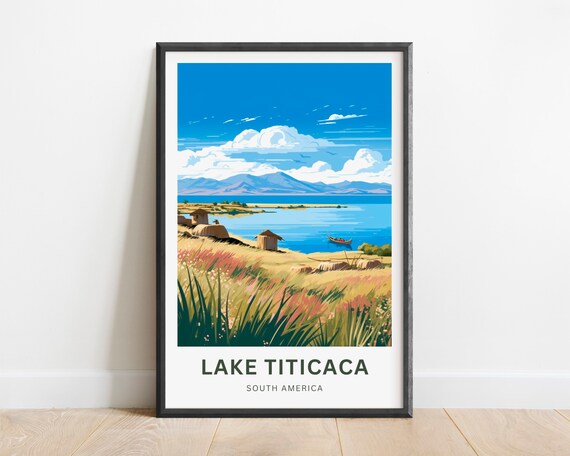 Lake Titicaca South America Andes Shoreline Illustrated Travel Poster