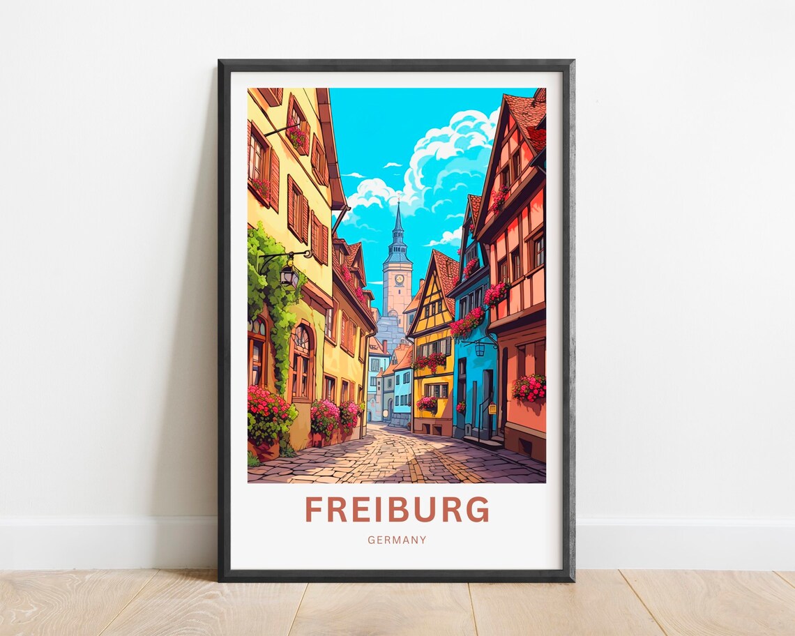 Freiburg Germany Old Town Cathedral Spire Street Colorful Travel Poster