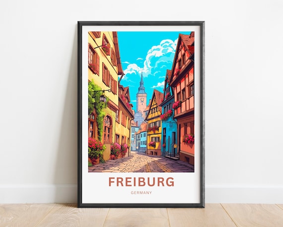 Freiburg Germany Old Town Cathedral Spire Street Colorful Travel Poster