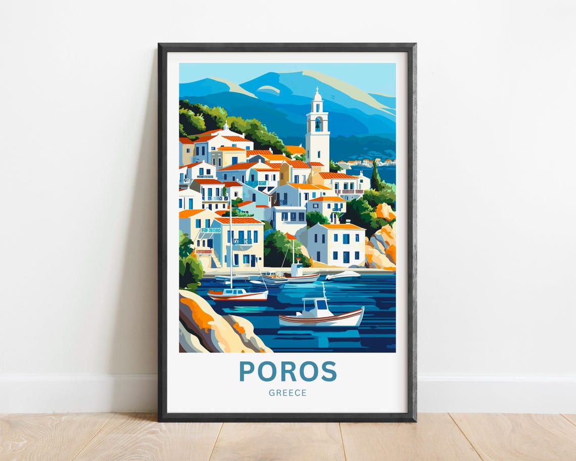 Poros Greece Sunny Whitewashed Hillside Harbor Boats Travel Poster