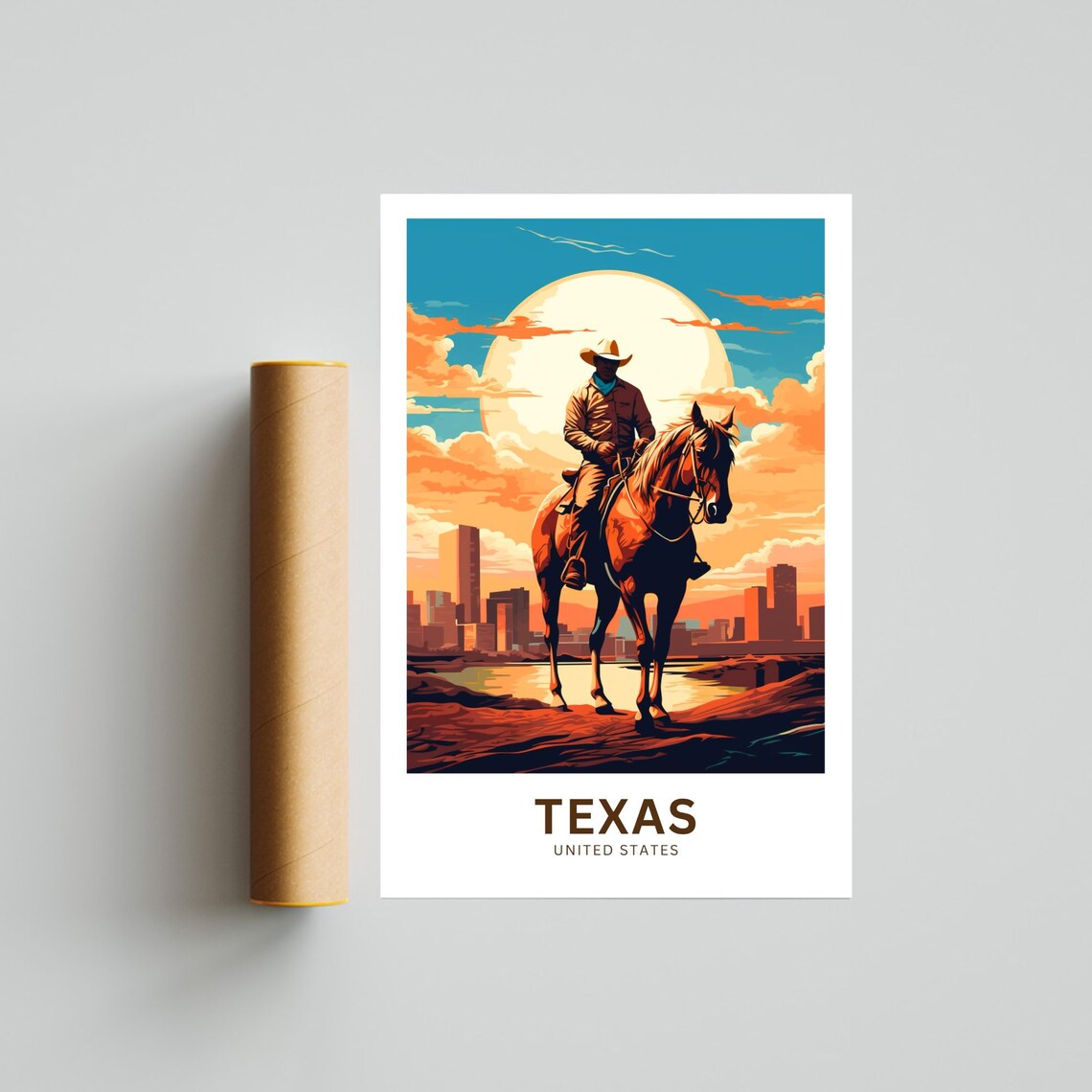 Texas Cowboy Horseback City Skyline Sunset Vintage Travel Poster - Image 4