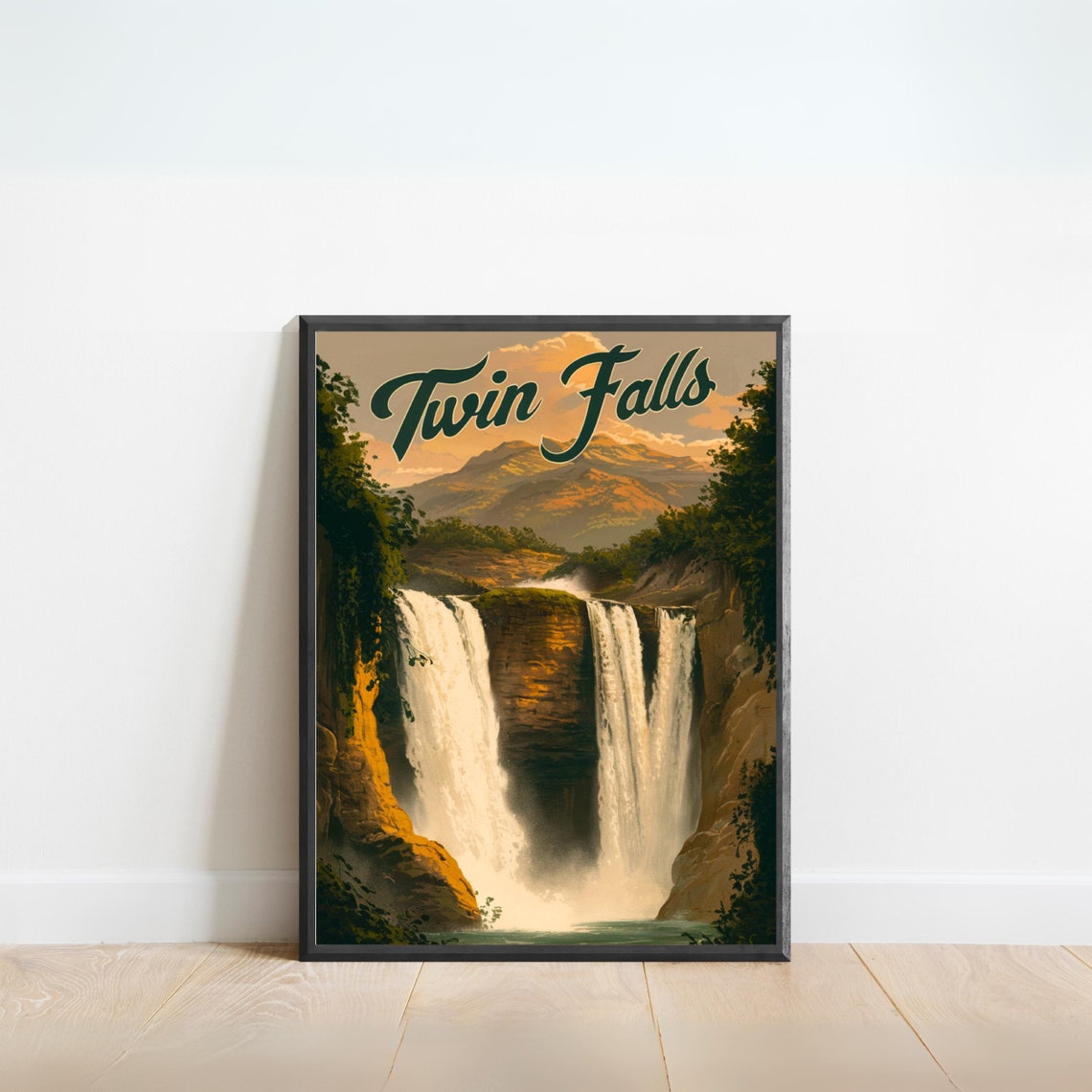 Twin Falls Idaho Waterfall Script Vintage Retro Travel Poster