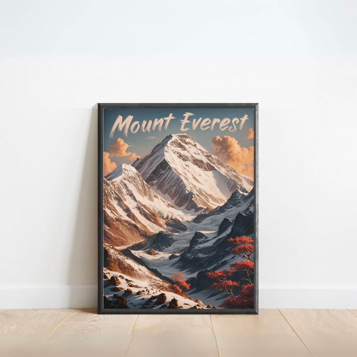 Mount Everest Autumn Maple Trees Snow Summit Clouds Vintage Poster