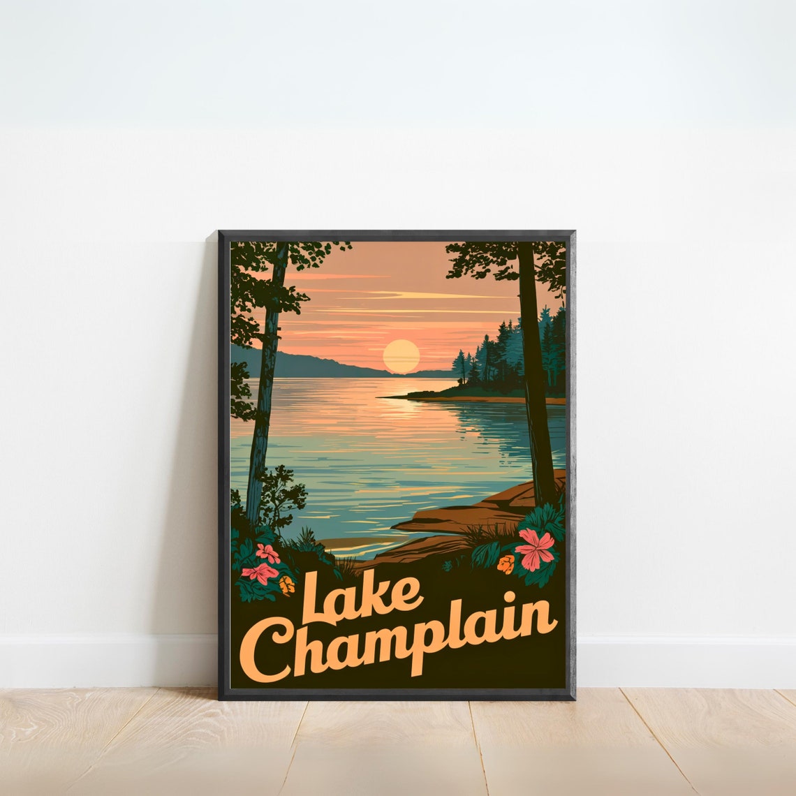 Lake Champlain Vintage Sunset Over Water Floral Script Poster