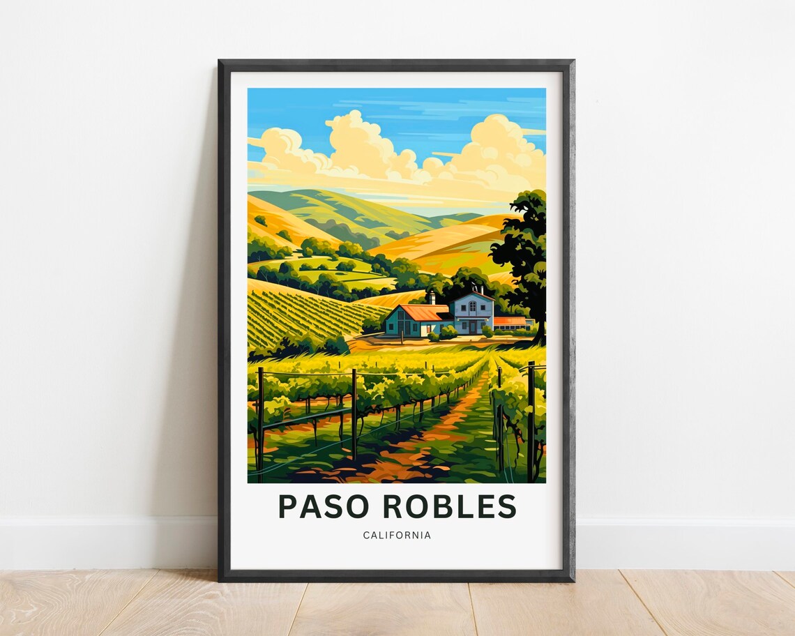 Paso Robles California Farmhouse Vine Rows Sunset Hills Travel Poster