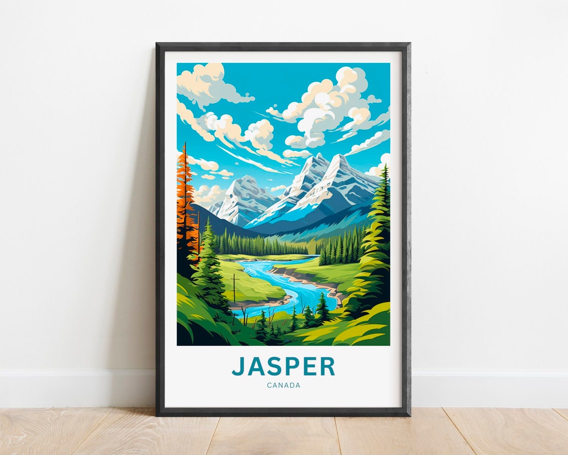 Jasper Canada Rocky Mountain River Valley Snow Peaks Scene Poster