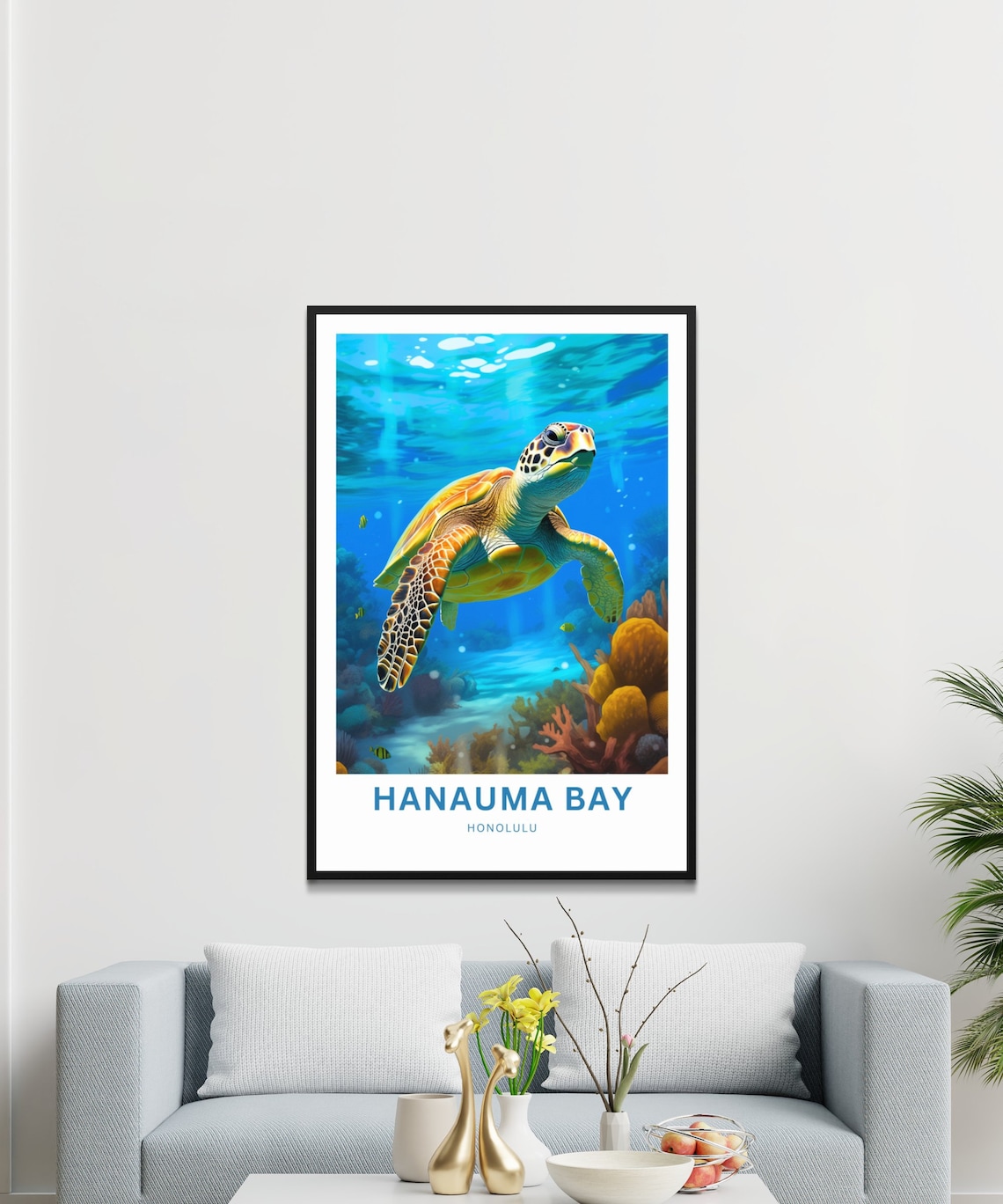 Hanauma Bay Honolulu Green Sea Turtle Ocean Wildlife Poster Art - Image 3