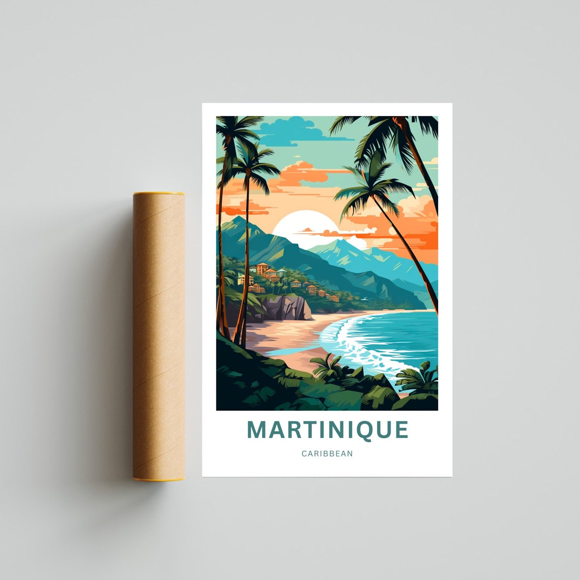 Martinique Caribbean Palm Beach Sunset Mountain Coastline Art Poster - Image 4