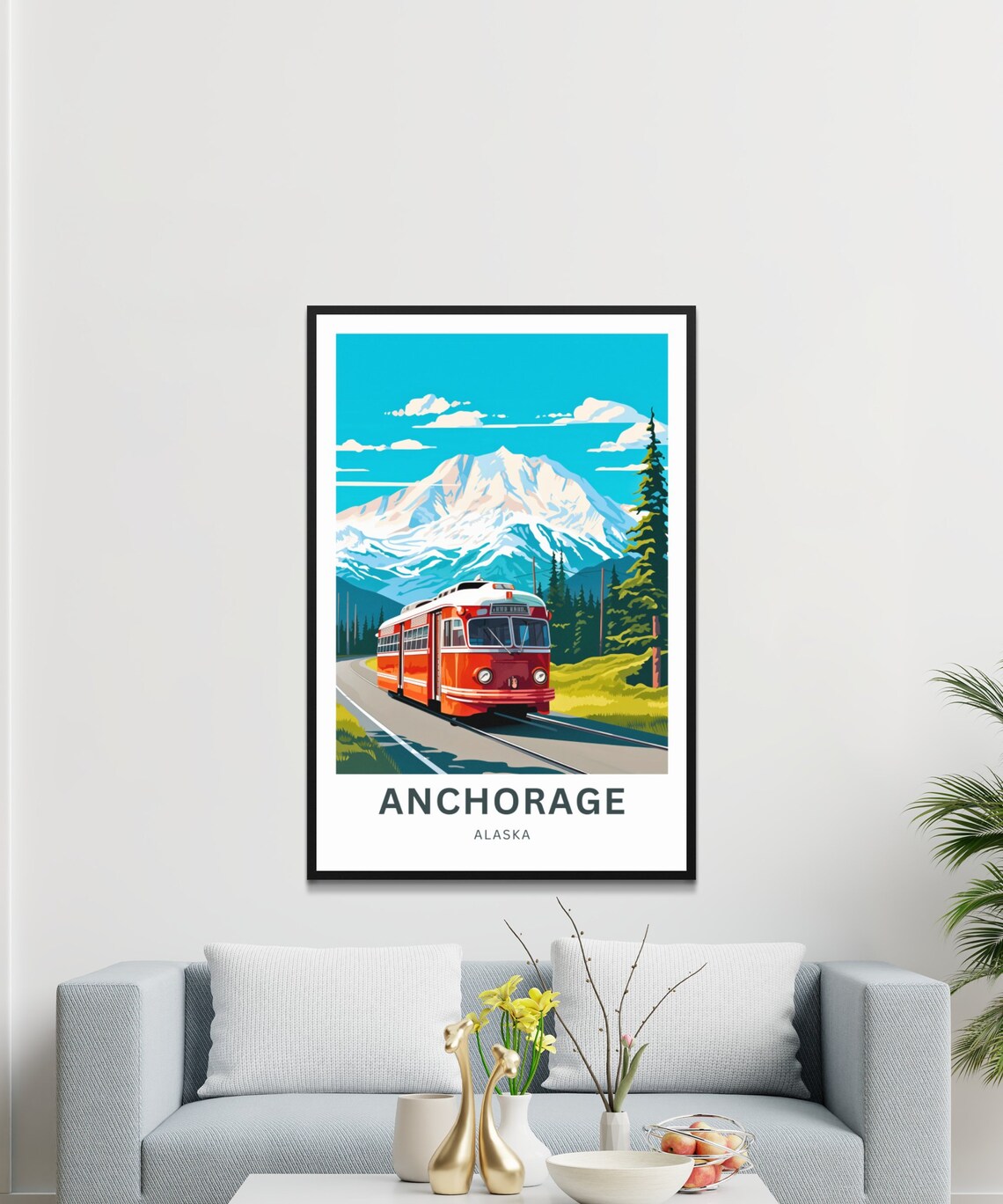 Anchorage Alaska Red Trolley Snow Mountain Vintage Travel Poster - Image 3