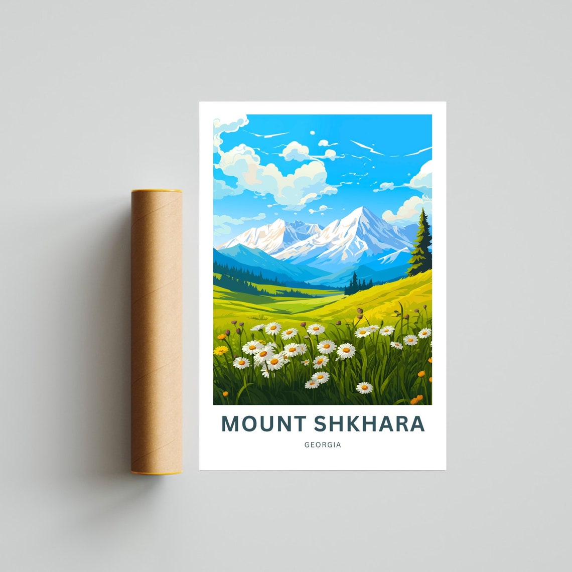 Mount Shkhara Georgia Custom Text Daisy Meadow Peak Travel Poster - Image 2
