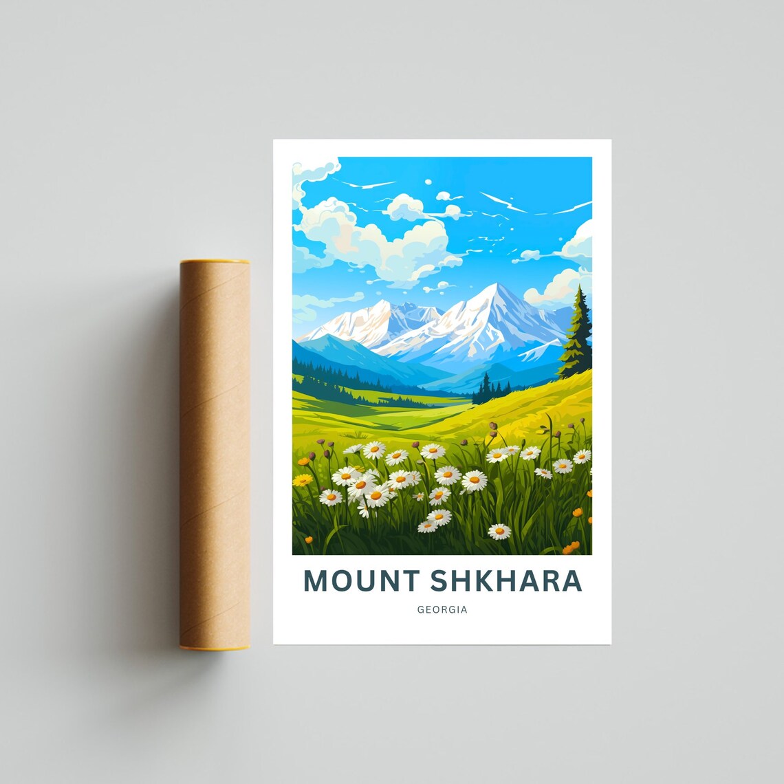 Mount Shkhara Georgia Snowy Peaks Daisy Meadow Travel Poster - Image 2