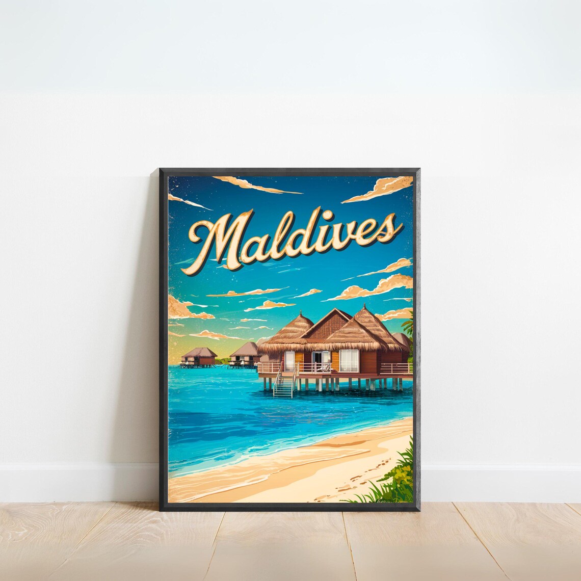 Maldives Vintage Overwater Bungalows Retro Beach Travel Poster