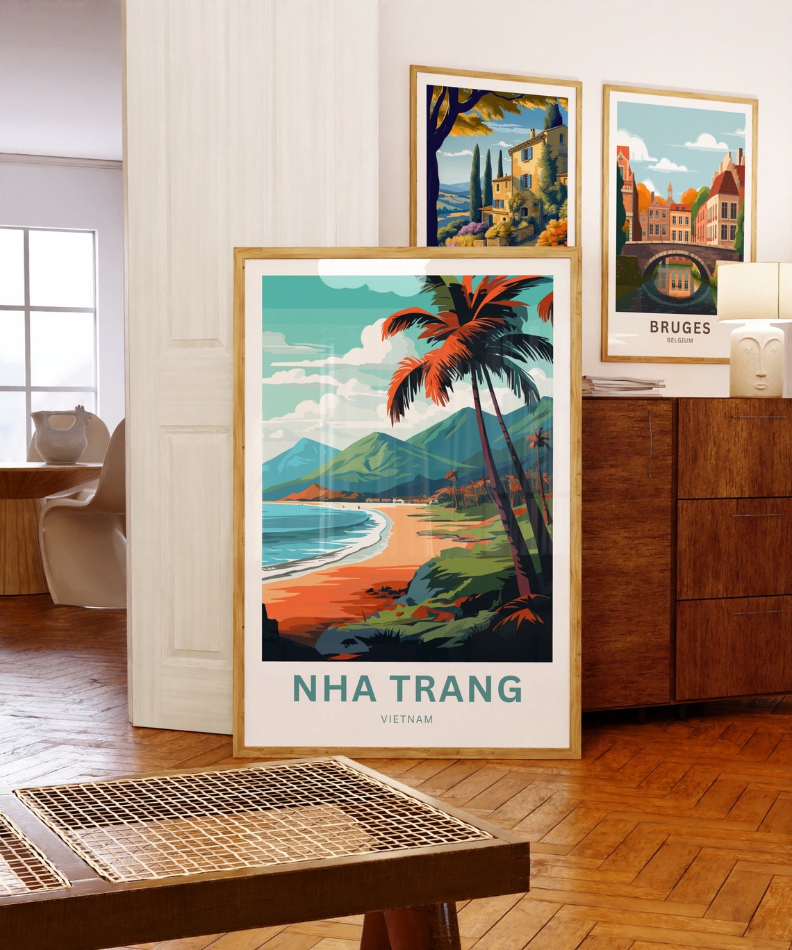 Nha Trang Vietnam Golden Beach Palms Mountain Coast Scene Poster - Image 5