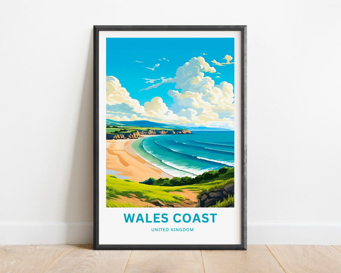 Wales Coast United Kingdom Sandy Beach Turquoise Waves Travel Poster
