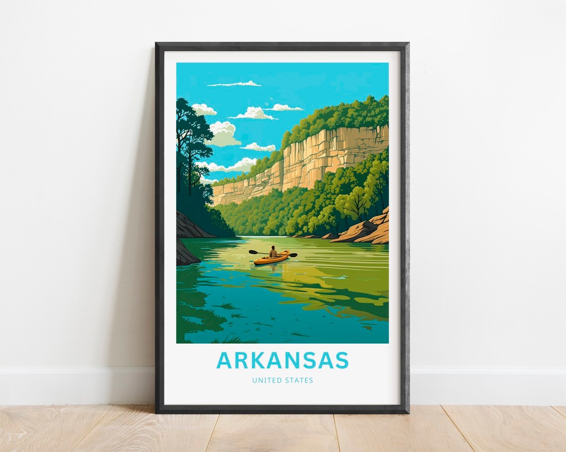 Arkansas Solo Kayaker on River Bluffs Calm Water Travel Poster