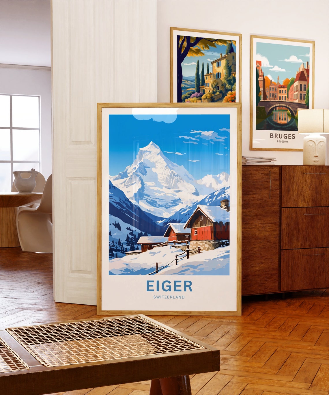 Eiger Switzerland Red Chalets Beneath Snow Covered Peak Poster - Image 5
