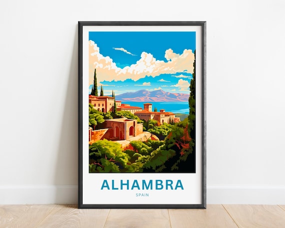 Alhambra Spain Colorful Vintage Destination Travel Scene Poster